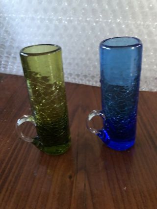 Set Of Vintage 1980 Crackle Glass Hand - Blown Applied Handle Shot Glasses - Crackle