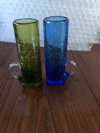 Set of VINTAGE 1980 CRACKLE GLASS HAND - BLOWN APPLIED HANDLE SHOT GLASSES - Crackle 2