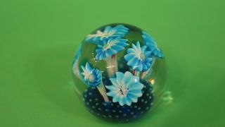 Murano Glass Paperweight With Flowers And Sticker.