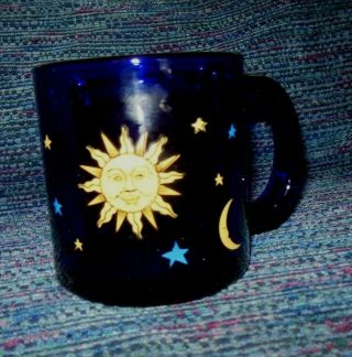 Libby Cobalt Blue Celestial Moon Stars Sun Large Glass Coffee Tea Mug Perfect