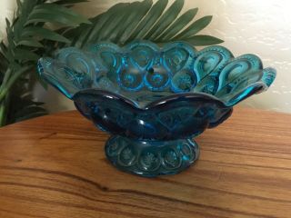 Vintage L.  E.  Smith Aqua Turquoise Blue Glass Moon And Stars Footed Bowl
