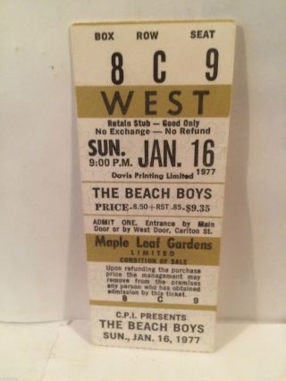 The Beach Boys Concert Ticket Stub 1 - 16 - 1977 Toronto Maple Leaf Gardens - Rare