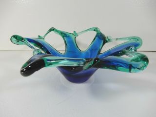 Vintage Murano Italian Blown Art Glass Star Shaped Blue Green Candy Dish Bowl 3