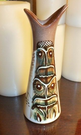 Sascha B Brastoff Signed Art Pottery Tiki Vase Numbered Hand Painted Carved Mcm