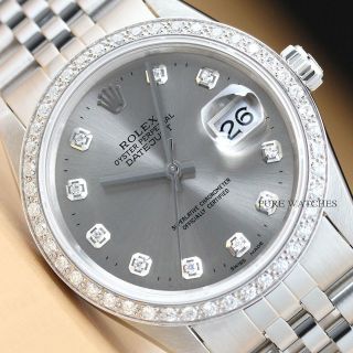 Authentic Mens Rolex Datejust Gray Diamond 18k White Gold & Steel Watch
