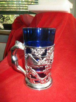 Vintage Chrome Mug With 2 Cobalt Blue Glasses Asian Themed