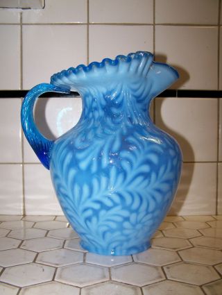 Fenton Art Glass Made For L.  G.  Wright Blue Opalescent Daisy & Fern Large Pitcher.