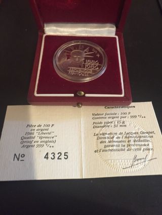 Proof Silver Coin Monnaie De Paris.  100f.  1886/1986.  Liberty.  999 Ogp W/coa $23.  95