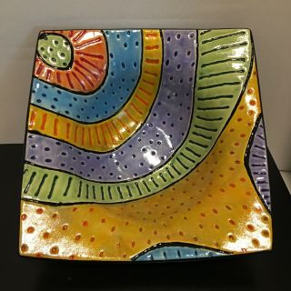 Pat Koszis Modern Studio Art Pottery Abstract Hand - Painted Square Bowl Signed