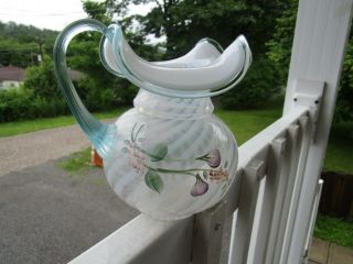 Fenton Opalescent Optic Swirl Hand Painted Pitcher/ Floral Design / Signed