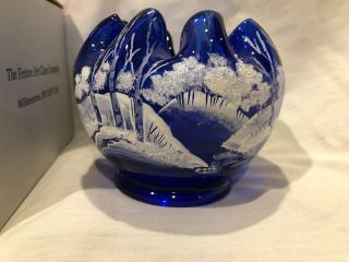 Fenton Qvc Hand Painted Canaan Valley On Cobalt Christmas Rose Bowl Winter Scene