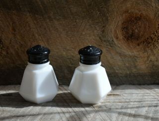 Pair Vintage Mini Milk Glass Salt & Pepper Shakers Hexagon Shape W/ Metal Caps