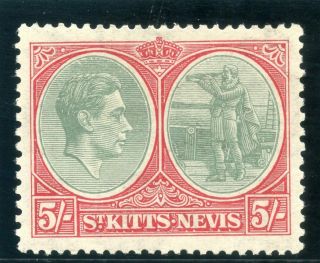 St Kitts - Nevis 1938 Kgvi 5s Grey - Green & Scarlet Mlh.  Sg 77.  Sc 88a.