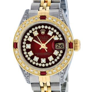 Womens Rolex Watch Datejust S/steel - 18k Yellow Gold Red Diamond Dial