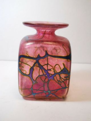 Hand Blown Art Glass Iridescent Square Vase Signed R Held Art Glass