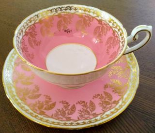 Vintage Shelley Footed Teacup & Saucer England Gold Floral & Pink