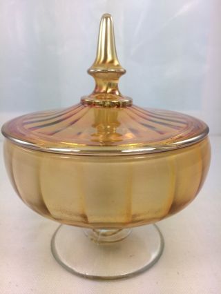 Vintage Imperial Lustre Marigold Carnival Glass Lidded Pedestal Candy Dish