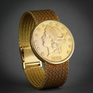⌚universal Geneve 1904 $20 Liberty Gold Coin Watch On Solid 18k Gold Bracelet