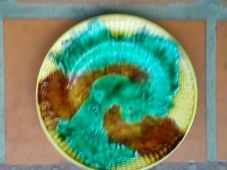 Vintage Majolica Plate Green Yellow Brown Abstract 9.  5 Inch French Or English