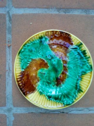 Vintage Majolica Plate green yellow brown abstract 9.  5 inch French or English 2