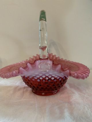 Vintage Fenton Glass Cranberry Opalescent Hobnail Basket Large 9 1/2 "