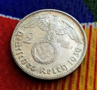 1939 G Unc 2 Mark Wwii German Silver Coin 3rd Reich Swastika Reichsmark Coin 5