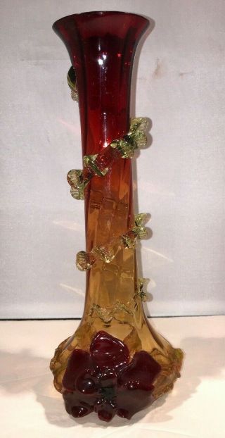 Antique Victorian Amberina 12” Art Glass Vase With Applied Flower & Rigaree
