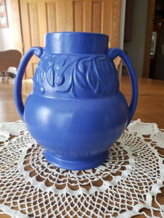 Vintage 75 Burley Winter Matte Blue Arts Craft Handled Pot Vase Urn 8 " T×8 " W
