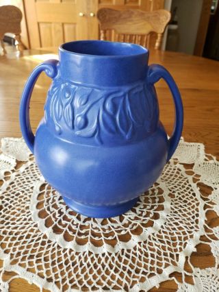 Vintage 75 Burley Winter Matte Blue Arts Craft Handled Pot Vase Urn 8 