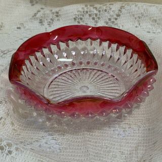 Vintage Ruby Red Flash Kings Crown Diamond Point Candy Dish 5.  5 Width