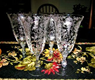 4 Cambridge Rose Point Etched Crystal Iced Tea/water Goblets 7 In.