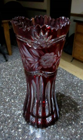 Vintage Cranberry Red Cut To Clear Hand Cut Crystal Germany Flower Vase