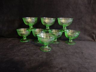 Set Of 8 Vaseline Glass Footed Sherbert/dessert Cups
