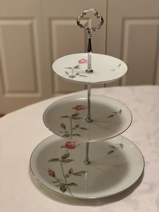 Dawn Rose 3 Tier Cake Plate Hor D’oeuvres/tidbit Tray Silver Sango/style House