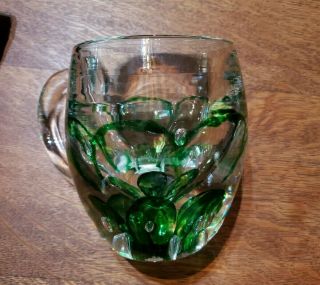 Crystal Glass Green Flowers Handled Mug Signed Joe Zimmerman Art Glass