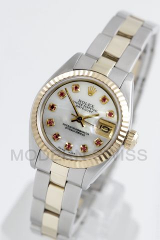 Rolex Ladies Datejust Gold & Steel Mop Ruby Diamond Dial Oyster Perpetual 2tone