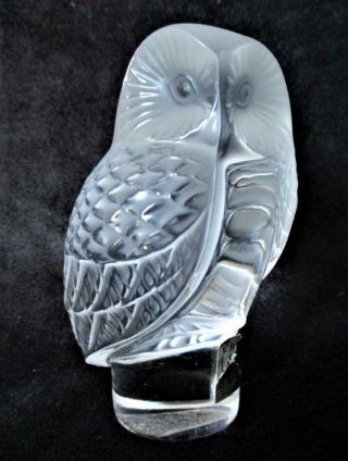 Signed Lalique Clear & Frosted Crystal Chouette Owl Figurine With Label France