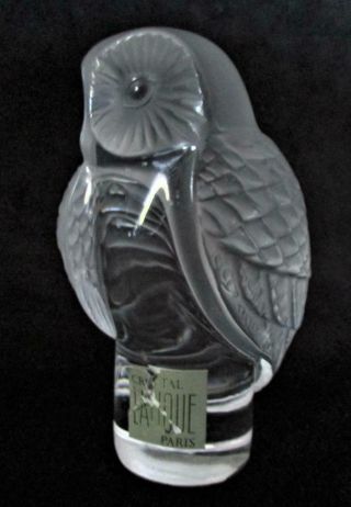 Signed LALIQUE Clear & Frosted Crystal Chouette OWL Figurine with Label FRANCE 3
