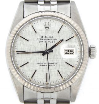 Mens Rolex Datejust Stainless Steel/18k White Gold Watch Silver Linen Dial 16014