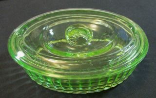 Vintage Oval Green Vaseline Glass Covered Dish