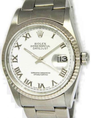 Rolex Mens Datejust Stainless Steel White Roman Dial Automatic Watch 16234