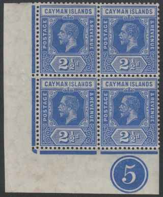 Cayman Islands 1914 Kgv 2½d Bright Blue Plate 5 Block Of 4 Um Sg44