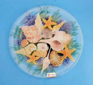 Peggy Karr Signed Glass Sea Shells 11” Round Fused Art Glass Plate W/box