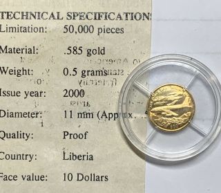 2000 Liberia $10 0.  5 Gram 14kt Commemorative Gold Coin - Air Force One W/
