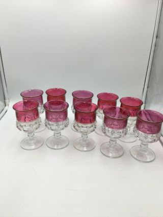 Vintage Cranberry And Clear Glass Thumbprint Goblets Set Of 10