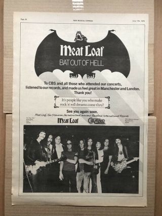 Meat Loaf Bat Out Of Hell (a) Poster Sized Music Press Advert From 1978