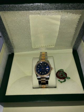 Mens Rolex 18K Gold/SS Datejust Blue Submariner Diamond Face Watch 16013 2