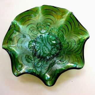 Iridescent Imperial Green Carnival Glass Pansie Bowl - Rare 1930’s Dish
