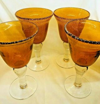 Set Of 4 Hand Blown Amber Glass Goblets