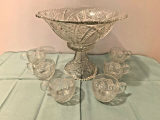 Antique Mckee Concord Punch Bowl Set 8 Pc W/ Stand & Cups